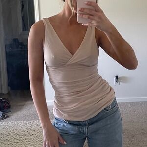 Vintage Y2K Express Glitter Mesh Sleeveless‎ Ruched Stretch Plunge Tank  Small